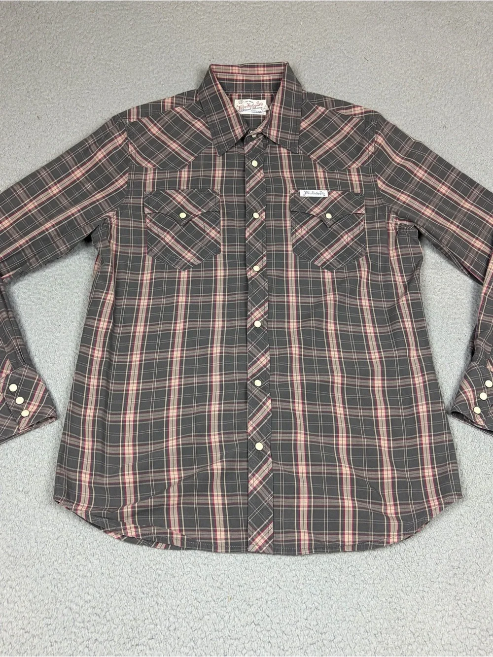 True Religion Pearl Snap Shirt Men's Brown & Red Plaid Pocket Flaps Western
